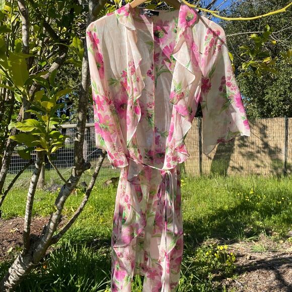 Lulu’s | Floral Tie Dress Robe Duster Sheer Pink - Picture 9 of 9